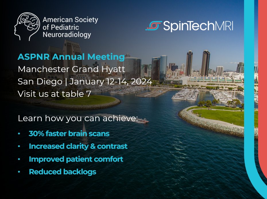 SpinTech MRI (@spintechmri) on Twitter photo Heading to <a href="/The_ASPNR/">American Society of Pediatric Neuroradiology</a>'s Annual Meeting in San Diego next week and want to learn how to obtain 30% faster image acquisition and better image clarity while increasing patient comfort, let's chat: tinyurl.com/y2kdbnxm #radiology #neuroradiology #pediatrics #pedineurorad #ASPNR24 Heading to <a href="/The_ASPNR/">American Society of Pediatric Neuroradiology</a>'s Annual Meeting in San Diego next week and want to learn how to obtain 30% faster image acquisition and better image clarity while increasing patient comfort, let's chat: tinyurl.com/y2kdbnxm #radiology #neuroradiology #pediatrics #pedineurorad #ASPNR24