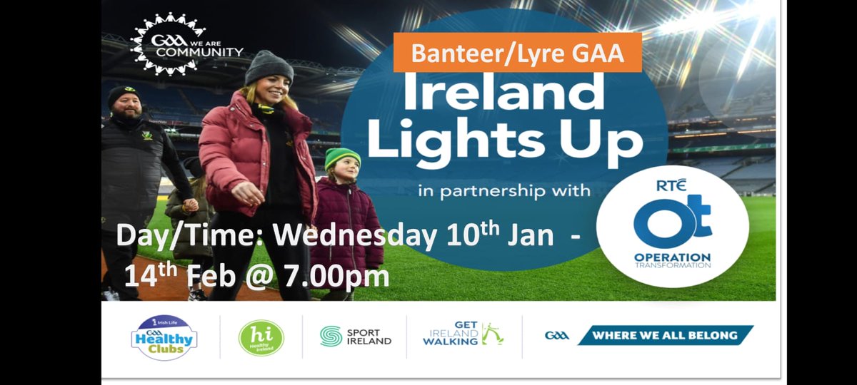 ✨️Ireland Lights Up✨️

We are delighted to announce we are taking part in "Ireland Lights Up" in partnership with <a href="/OpTranRTE/">OT RTÉ</a> starting Wednesday the 10th of January for 6 weeks.

Hope to see you all next Wednesday evening in <a href="/BanteerCS/">Banteer Community Sportsfield</a> at 7pm

Please spread the word