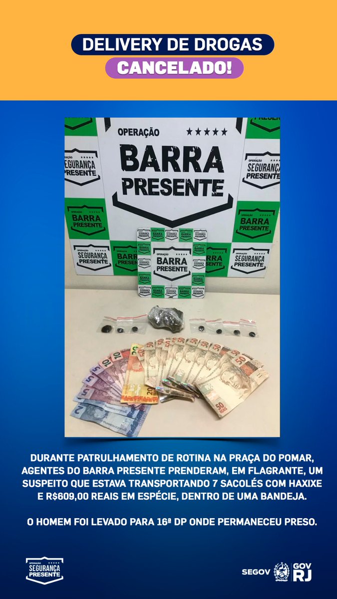 🚬❌Agentes do Segurança Presente prenderam em flagrante um homem, de 24 anos, por tráfico de drogas na Barra da Tijuca. Com o detido, os policiais encontraram sete sacolés de haxixe e mais de R$ 600 em espécie. O celular dele também foi apreendido. #Prisão #SegurançaPresente