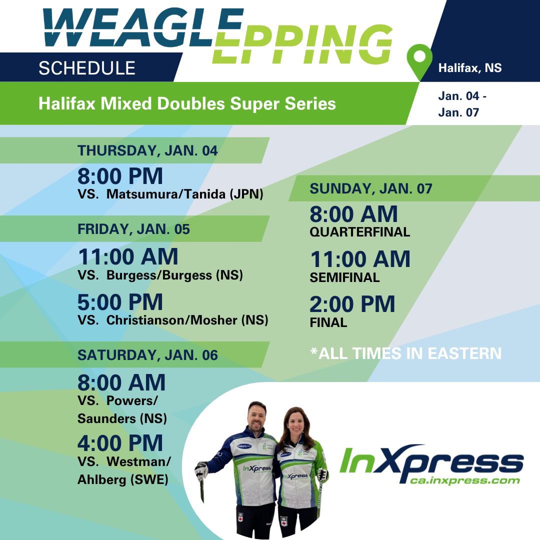 Here we go again! We’re competing in the Mixed Doubles Super Series Halifax Open at CFB Halifax Curling Club. Here’s our draw schedule (times are ET) ⬇️ If you’re in the area, come out and watch! #mixeddoublescurling #weagleepping