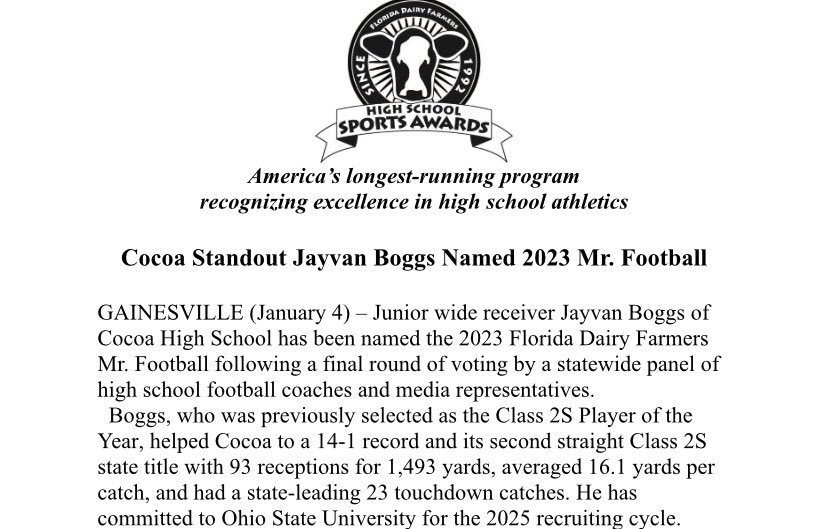 Jayvan_Boggs's tweet photo. I am extremely blessed and honored to receive Mr. Florida Dairy Farmers Player of the Year. I want to recognize my entire team and coaching staff for their support. @Cocoa_Schneider @adam_franco @CocoaFootball @SWiltfong247 @ChadSimmons_ @JohnGarcia_Jr @adamgorney https://t.co/3KjBzJaVV6