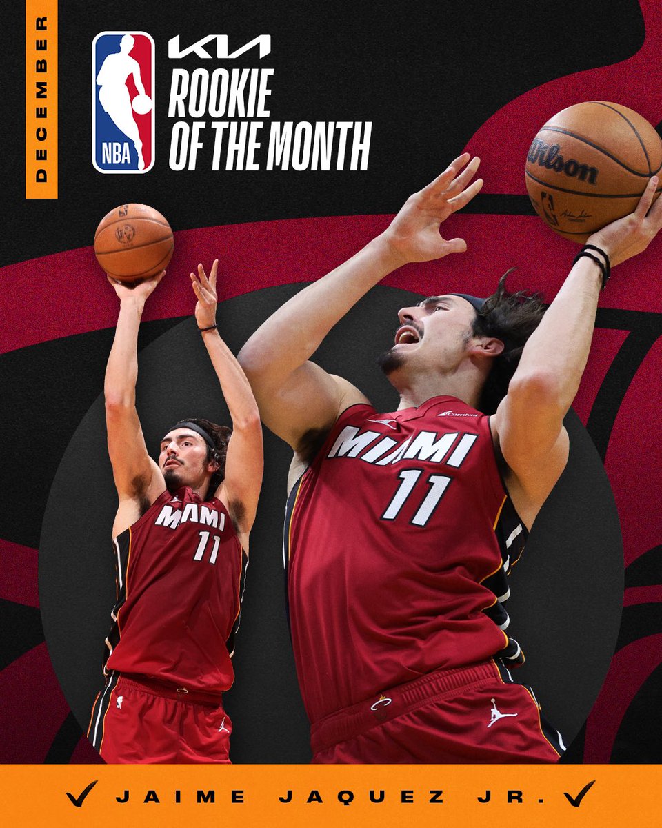 MiamiHEAT's tweet photo. Back to back like he’s on the cover of Lethal Weapon! ⁣
⁣
Another @Kia NBA Eastern Conference Rookie of the Month award for @jaquez_jr. Congrats, Jaime! https://t.co/sLcWojKjTs