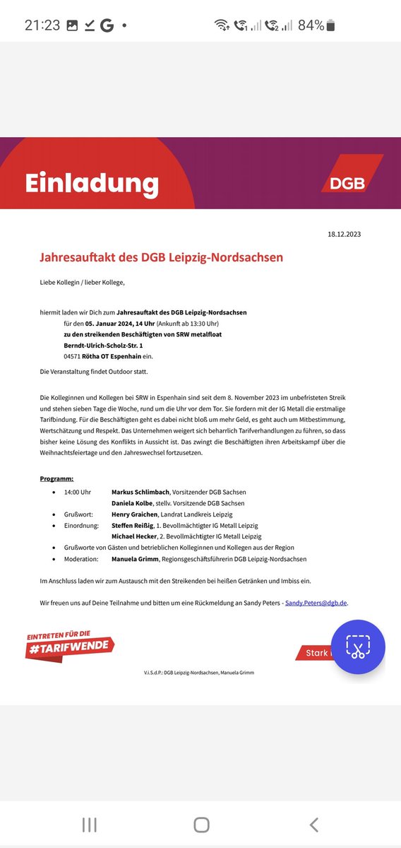 Manuela Grimm (@manuelagrimmdgb) on Twitter photo Sehen wir uns morgen 14:00 Uhr zum Jahresauftakt des DGB Leipzig bei den Streikenden von SRW metalfloat in Espenhain? Es ist der 59. Streiktag für einen Tarifvertrag!
#Tarifwende <a href="/AfASachsen/">AfA Sachsen</a> <a href="/DIELINKELeipzig/">DIE LINKE. Leipzig</a> @gruene_leipzig <a href="/cduleipzig/">CDU Leipzig</a> <a href="/fdpleipzig/">FDP Leipzig</a> <a href="/IGMetall_BBS/">IG Metall Berlin-Brandenburg-Sachsen</a> <a href="/dgb_sachsen/">DGBSachsen</a> Sehen wir uns morgen 14:00 Uhr zum Jahresauftakt des DGB Leipzig bei den Streikenden von SRW metalfloat in Espenhain? Es ist der 59. Streiktag für einen Tarifvertrag!
#Tarifwende <a href="/AfASachsen/">AfA Sachsen</a> <a href="/DIELINKELeipzig/">DIE LINKE. Leipzig</a> @gruene_leipzig <a href="/cduleipzig/">CDU Leipzig</a> <a href="/fdpleipzig/">FDP Leipzig</a> <a href="/IGMetall_BBS/">IG Metall Berlin-Brandenburg-Sachsen</a> <a href="/dgb_sachsen/">DGBSachsen</a>