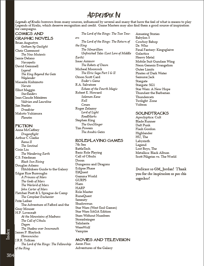 Thought I would start sharing various elements out of the three guides for Legends of Kralis; it's done (written edited and published) and has been for a while...so first up...the Appendix N of the Game Master's Guide -