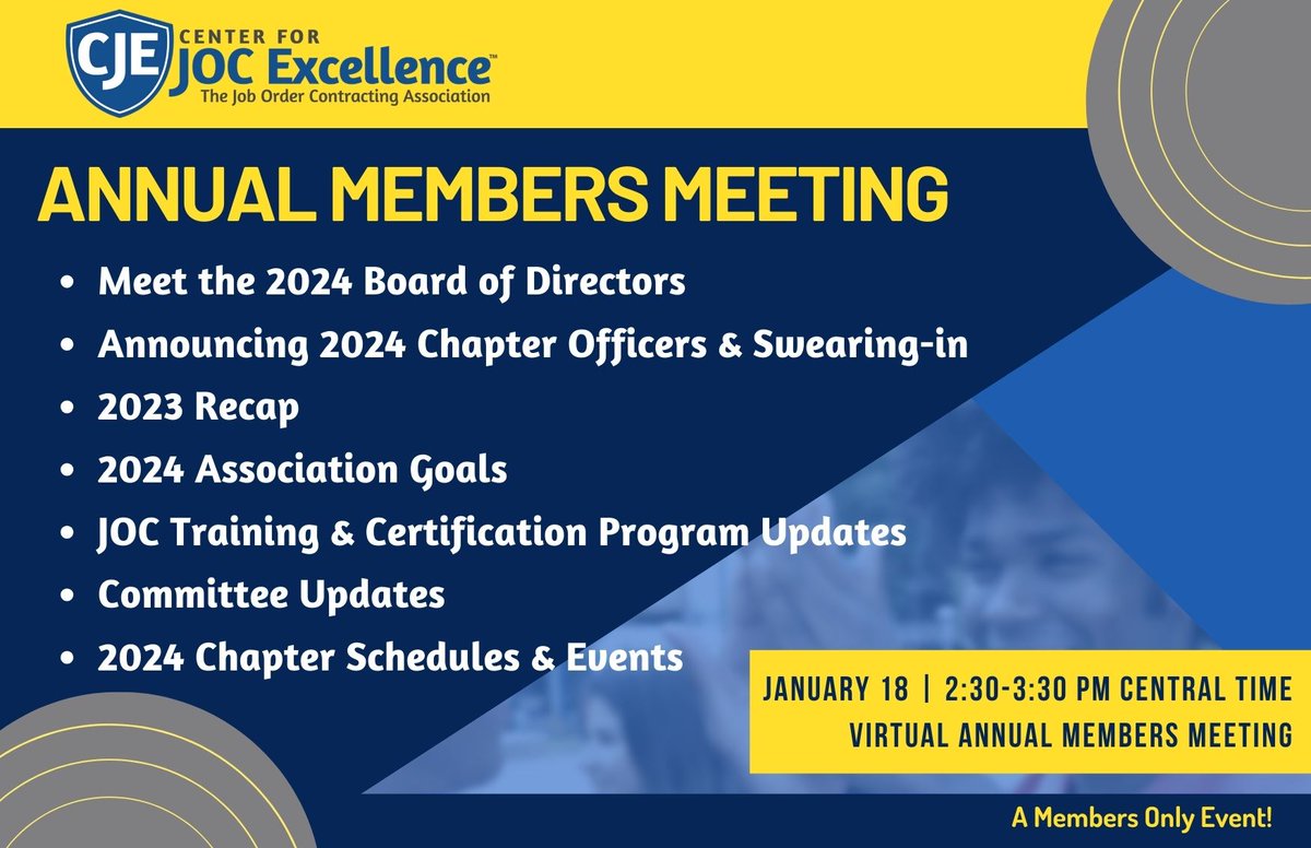 JOCExcellence's tweet photo. Join us on 1.18.24 from 2:30-3:30pm CST for our Annual Members Meeting where you can meet the 2024 BOD as well as the Chapter Officers, get a 2023 recap and learn the 2024 goals, hear updates on the #JOC Training &amp; Cert Program and more! 
Register: https://t.co/4go0MMrbst https://t.co/7bMiAXnMYO