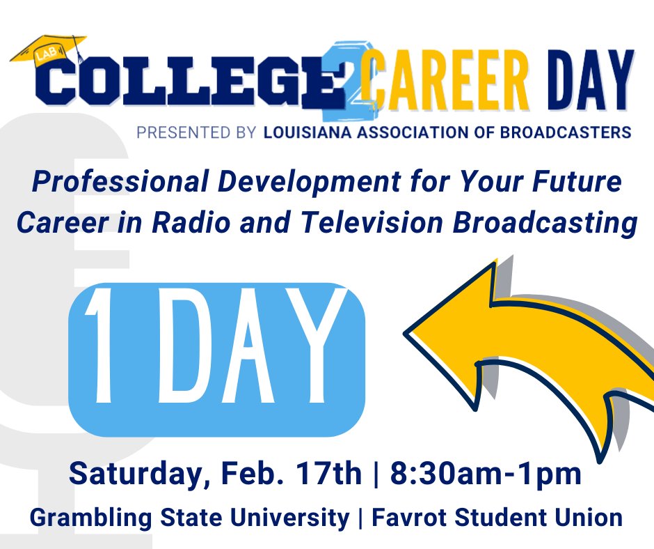LABroadcasters's tweet photo. Safe travels for everyone who is attending our College2Career Day in Grambling tomorrow!

We have an exciting day planned and can't wait to meet Louisiana's future broadcasters. https://t.co/BGgqU4duN3