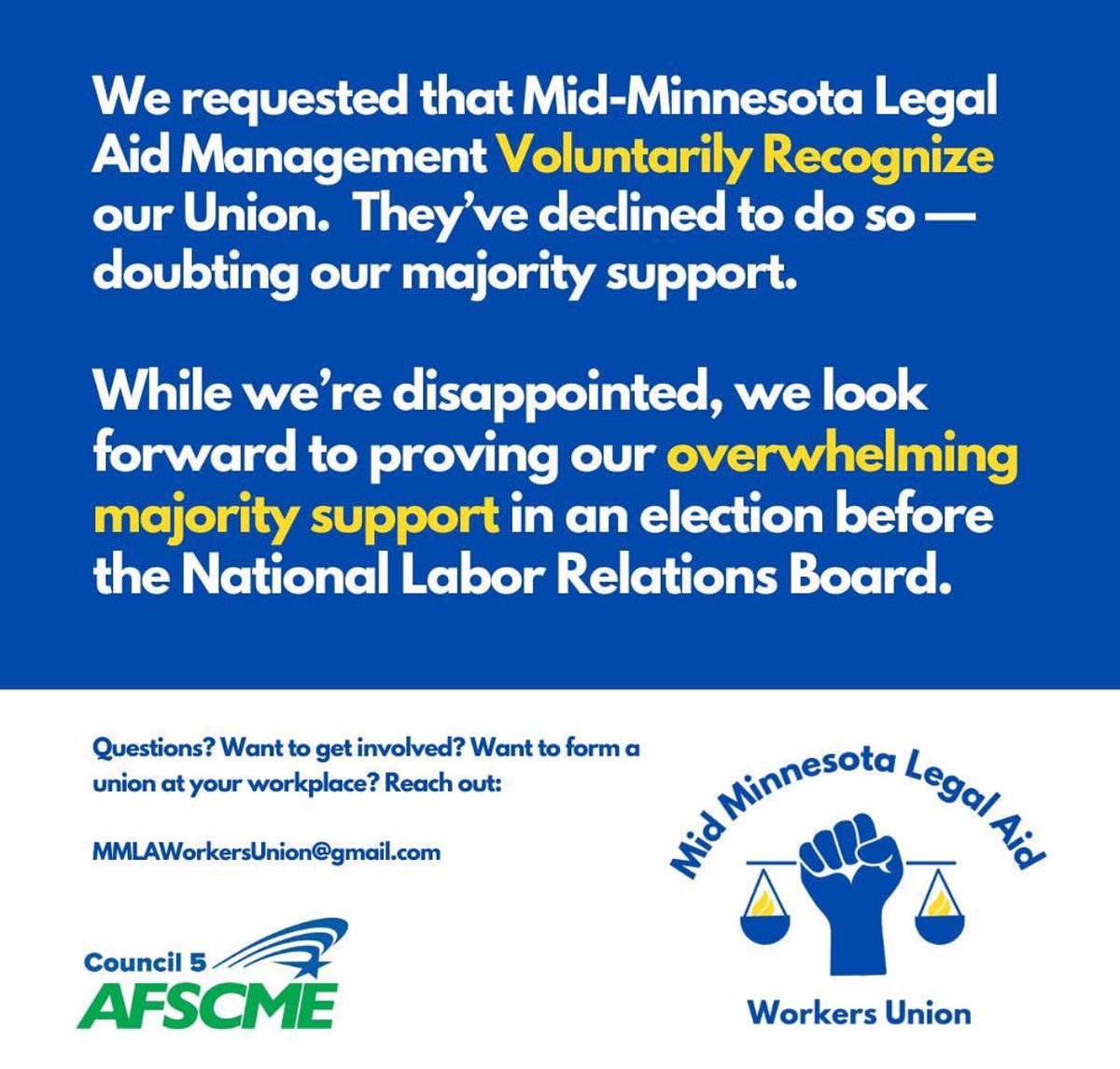 🔥ORGANIZING NEWS🔥

After years of organizing, we are thrilled that the workers of Mid-Minnesota Legal Aid are forming a union with us at AFSCME Council 5! An overwhelming majority of workers - from every office, unit, and job category - support this effort. #afscme #1u #union