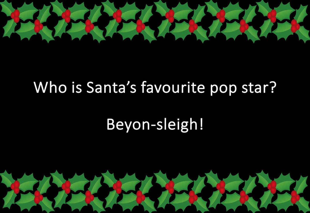 green_goddess's tweet photo. It's the 11th day #Christmas, and your #crackerjoke torture is almost at an end. Almost...

Who is Santa’s favourite pop star
Beyon-sleigh!

Ho ho ho! https://t.co/R2SlZmESo1