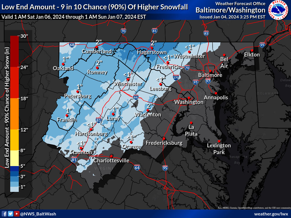 A Winter Storm Watch has been issued for Saturday morning through Saturday evening. Additions to the watch or issuance of warnings and/or advisories are likely Friday. Check weather.gov/lwx/winter for the latest information. #DCwx #MDwx #VAwx #WVwx