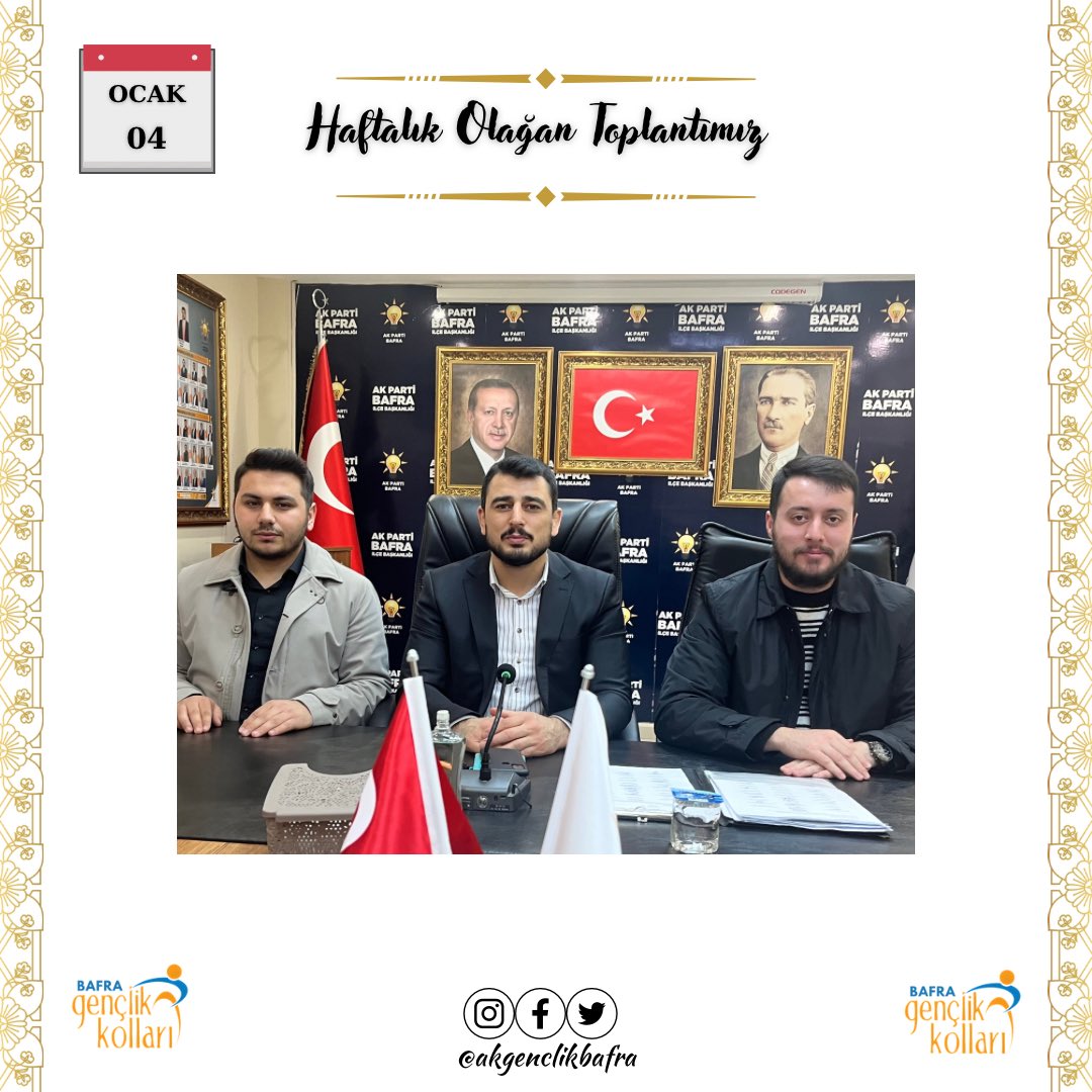 AkGenclikBAFRA's tweet photo. Haftalık yönetim kurulu toplantımızı, Gençlik Kolları Başkanımız Doğan ÖNDER Başkanlığında, İlçe Koordinatörümüz Uygar DÖNER'in katılımlarıyla gerçekleştirdik. Hayırlara vesile olması temennisiyle.

Recep Tayyip Erdoğan https://t.co/TTpsh2gOaR
