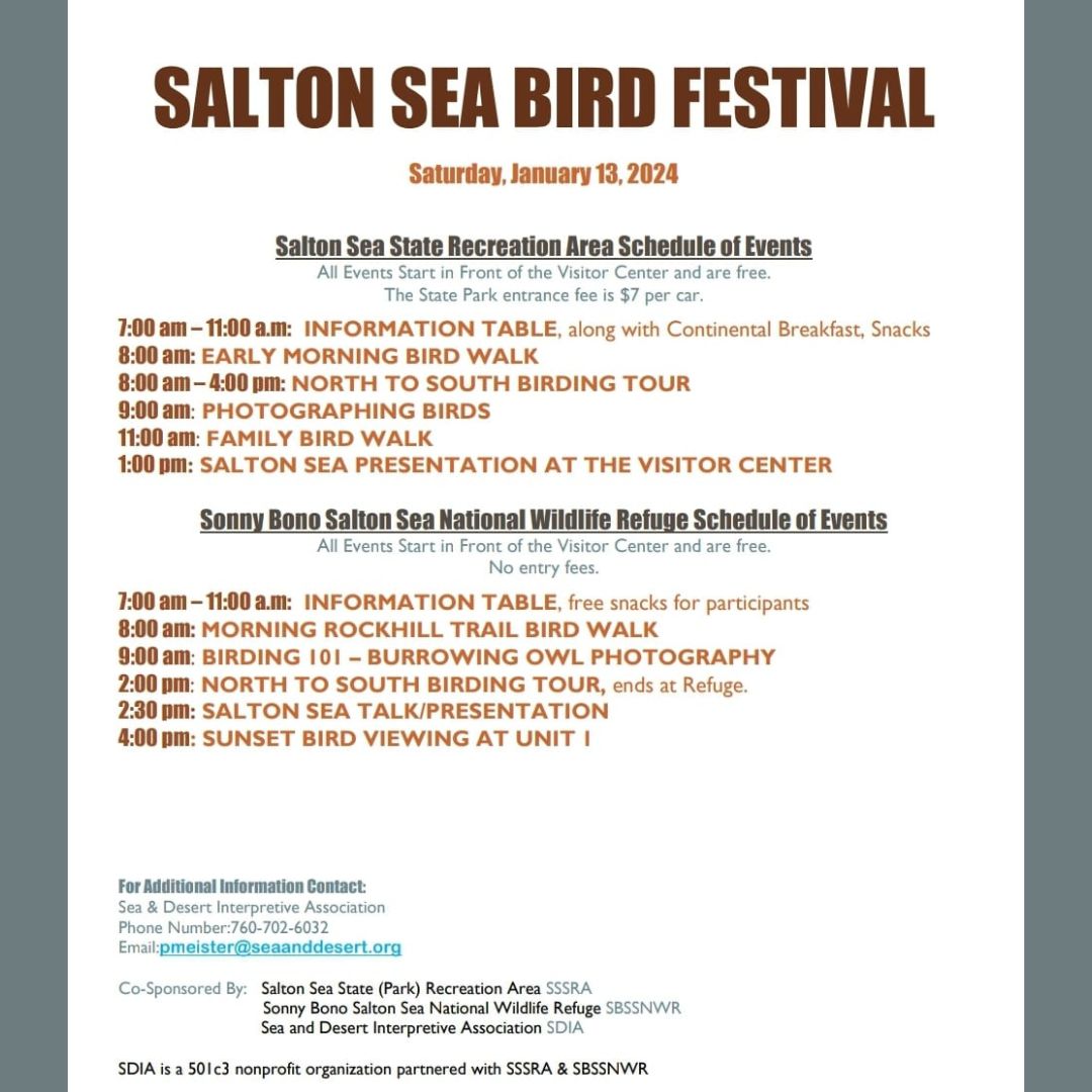 The #SaltonSea Bird Festival is on Saturday, January 13, 2024.  I will be doing a presentation at Salton Sea State Recreation Area, and there are great presentations at Sonny Bono Salton Sea NWR as well!  Please spread the word! Thank you!