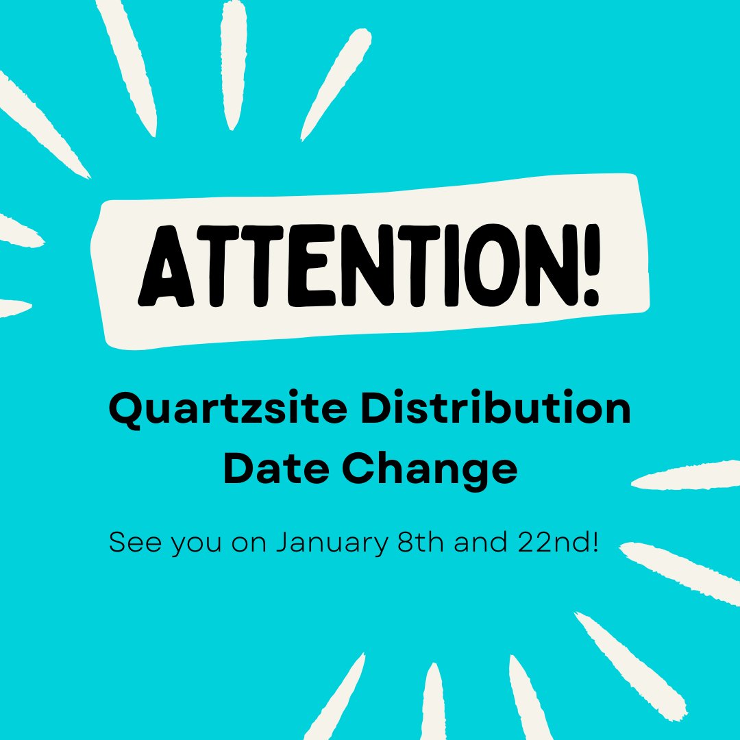 YumaFoodBank's tweet photo. ATTENTION TO OUR QUARTZSITE FRIENDS
In observance of the January holidays, the distributions in Quartzsite have been changed to January 8th and 22nd. Please mark your calendar!
Arizona Western College
695 Kofa Avenue Quartzsite, AZ
#yumafoodbank #feedquartzsite #endhunger https://t.co/0vf35zxmCB