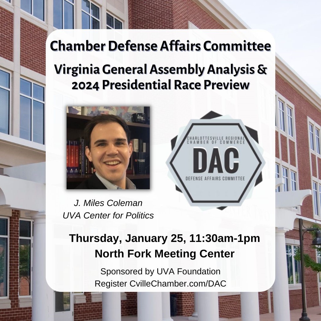 Defense Affairs Committee (@affairsdefense) on Twitter photo Join us January 25 for lunch, networking, and political analysis by J. Miles Coleman of <a href="/Center4Politics/">Center for Politics at UVA</a>
Sign up: business.cvillechamber.com/events/details…
<a href="/NorthForkUVA/">North Fork</a> <a href="/CvilleVAChamber/">Charlottesville Regional Chamber of Commerce</a> #militarylife #charlottesville #cville #albemarlecountyva Join us January 25 for lunch, networking, and political analysis by J. Miles Coleman of <a href="/Center4Politics/">Center for Politics at UVA</a>
Sign up: business.cvillechamber.com/events/details…
<a href="/NorthForkUVA/">North Fork</a> <a href="/CvilleVAChamber/">Charlottesville Regional Chamber of Commerce</a> #militarylife #charlottesville #cville #albemarlecountyva
