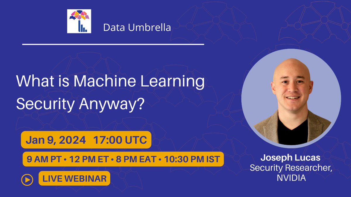 Join us for our upcoming event: 📢 What is Machine Learning Security Anyway? 🗣️ Joseph Lucas (@josephtlucas) 🗓️ Tue, January 9, 2024 ⏰ 9am PT / 12pm ET / 17:00 UTC #cziscience #neo4j #security #ML Sign up here: bit.ly/3vv10EC