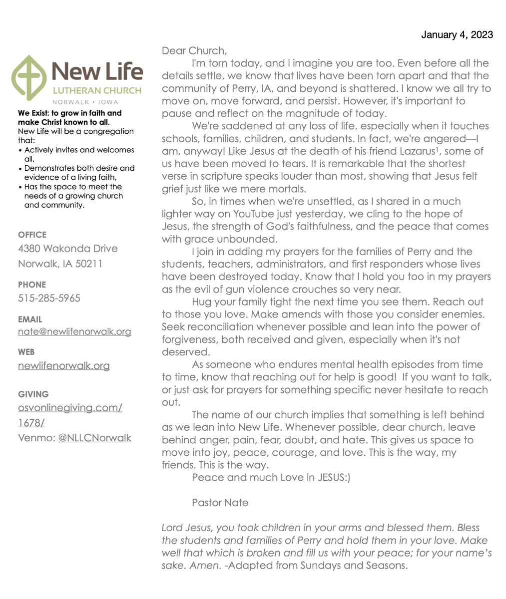 "The name of our church implies that something is left behind as we lean into New Life. Whenever possible, dear church, leave behind anger, pain, fear, doubt, and hate. This gives us space to move into joy, peace, courage, and love. This is the way, my friends. This is the way."