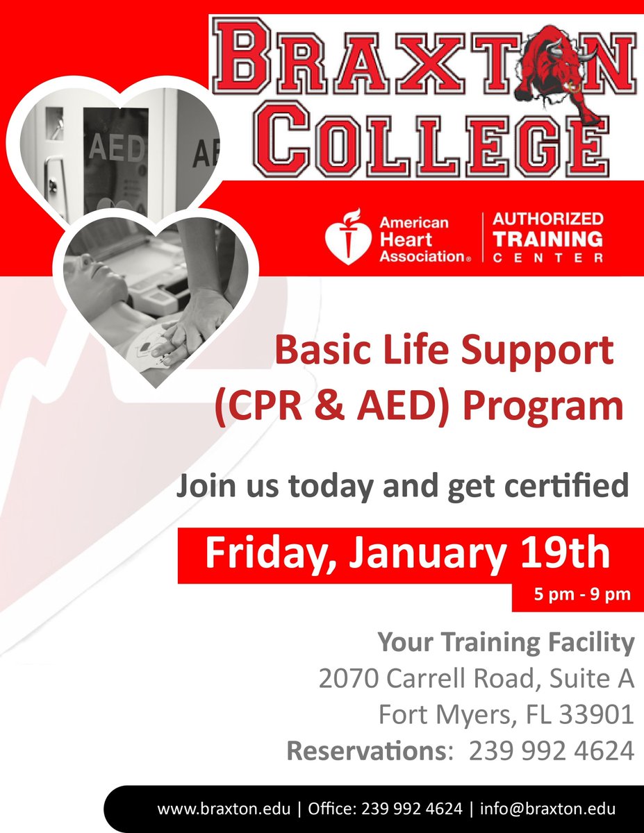 BraxtonCollege's tweet photo. DATE CHANGE!!!
The ultimate life-saving skill. 💪💙 
Looking to get certified in CPR &amp; AED? Join our January 19th course today! 
#cpr #savelives #aha #certified #bls https://t.co/UB0nfNrDQ8