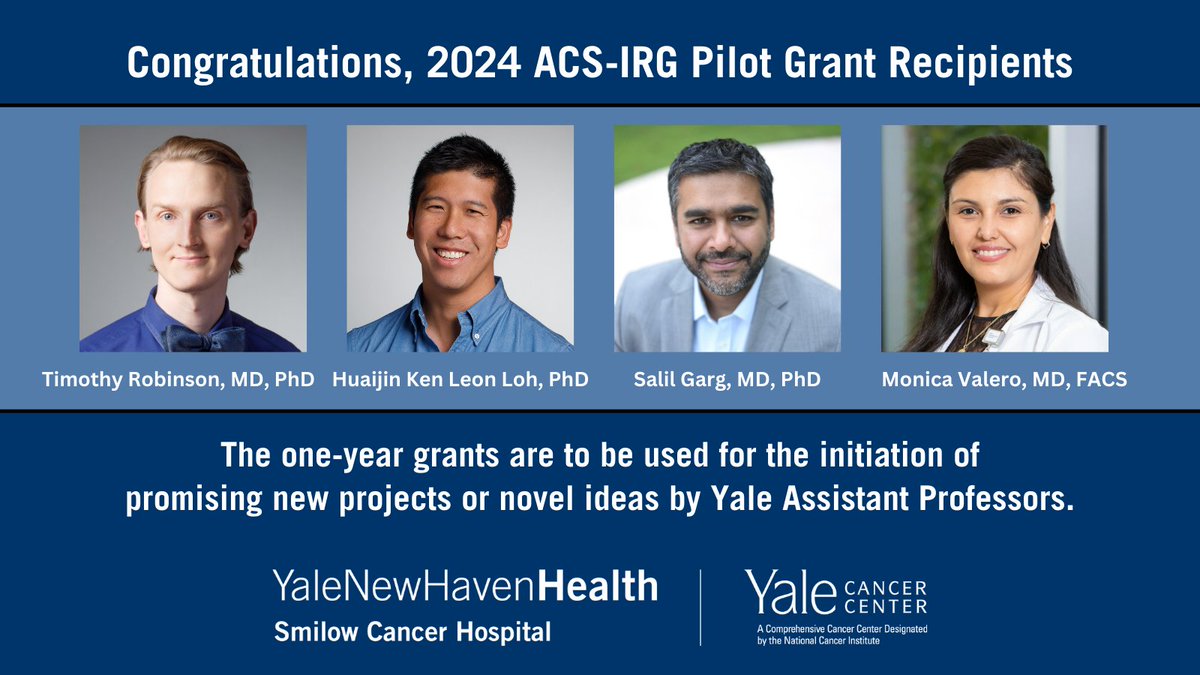 Congratulations to Dr. Timothy Robinson, <a href="/kenleonloh/">Ken Loh</a>, <a href="/garg_lab/">Garg Lab</a>, and <a href="/MonicaValero16/">Monica.ValeroMD</a>, recipients of 2024 ACS-IRG Pilot Grants.
<a href="/SmilowCancer/">Smilow Cancer Hospital</a> <a href="/YaleMed/">Yale School of Medicine</a> <a href="/YNHH/">Yale New Haven Hosp</a> @americancancer