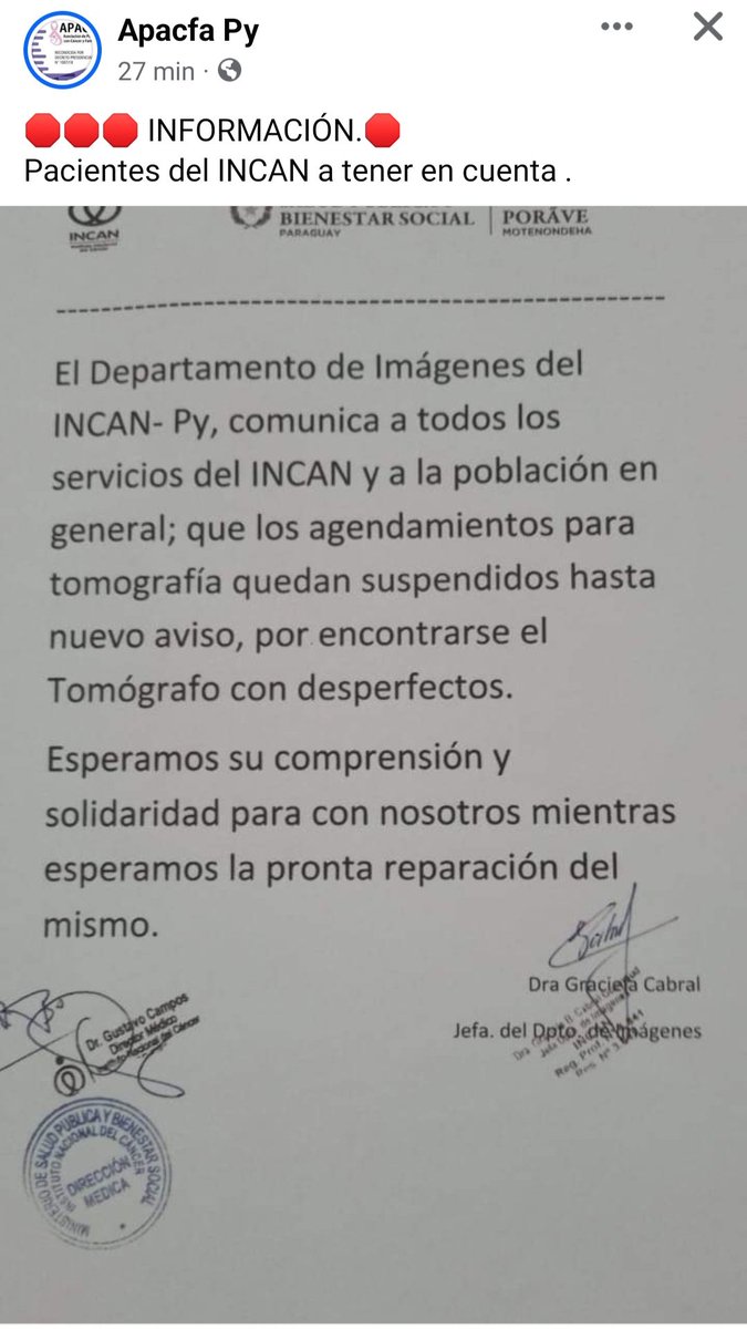 elnacionalpy's tweet photo. PARAGUAY QUE DUELE | 🇵🇾💔

🔹Debido a que hay un solo tomógrafo en el INCAN, los enfermos con cáncer recibieron la noticia de que quedan "SUSPENDIDOS" todos los agendamientos debido a que está descompuesto. Piden "comprensión y solidaridad" a los pacientes. 

🔹Mientras tanto, miles de millones de guaraníes se gastan al año en cargos que son absolutamente innecesarios.

#ElNacional