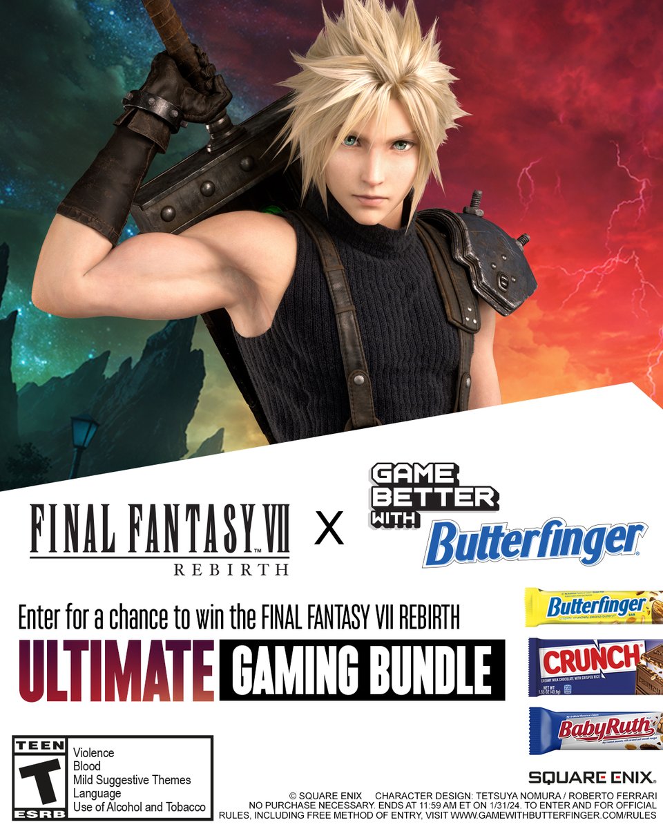 US Residents: Have you secured your Final Fantasy VII Rebirth Ultimate Gaming Bundle with a qualifying @Butterfinger bar? Enter for a chance to win more awesome prizes!

Visit GameWithButterfinger.com to learn more. #GameWithButterfinger #FF7R