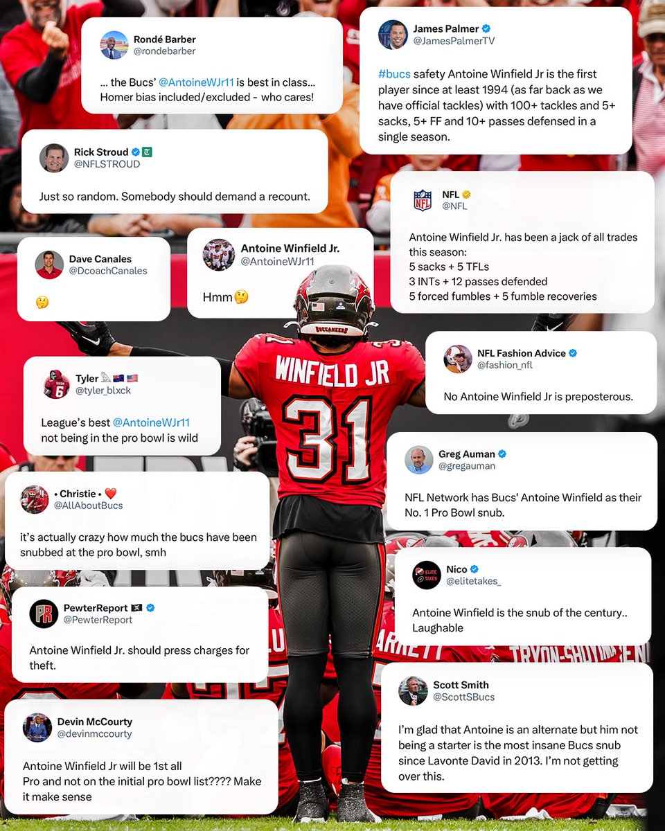 Since fumble data started being regularly aggregated in 1999, here's the full list of NFL players who have recorded at least 100 tackles, five sacks, five forced fumbles, four fumble recoveries &amp; three INTs in a single season:

Antoine Winfield Jr.