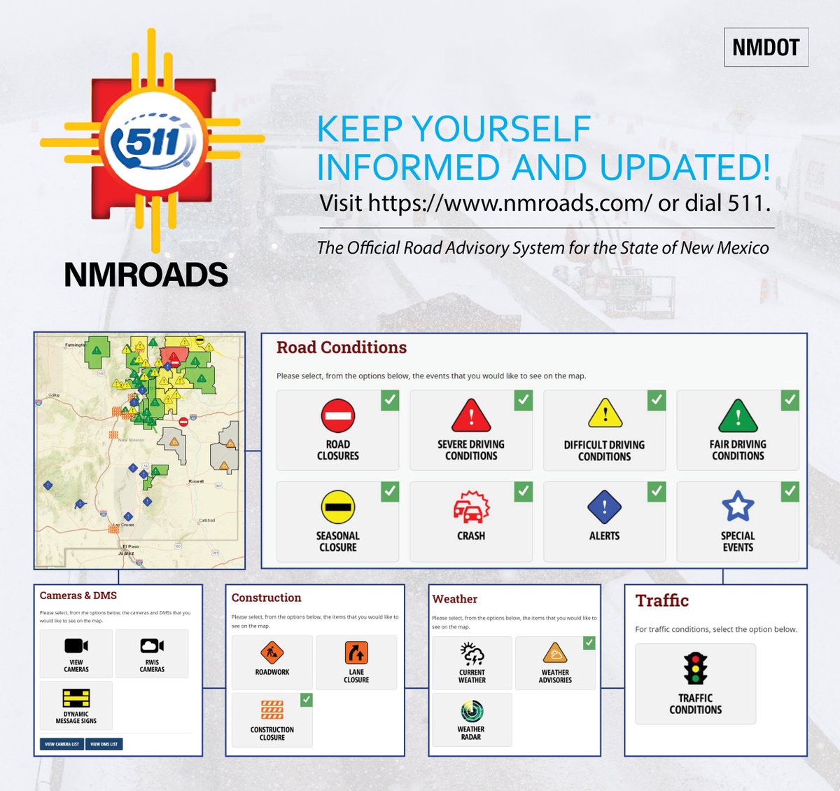 STAY UPDATED! Visit nmroads.com or dial 511 and get the most updated road conditions and closures. Get you and your family to your destination safely #NMDOTcares #nmdot #nmroads #nmwx