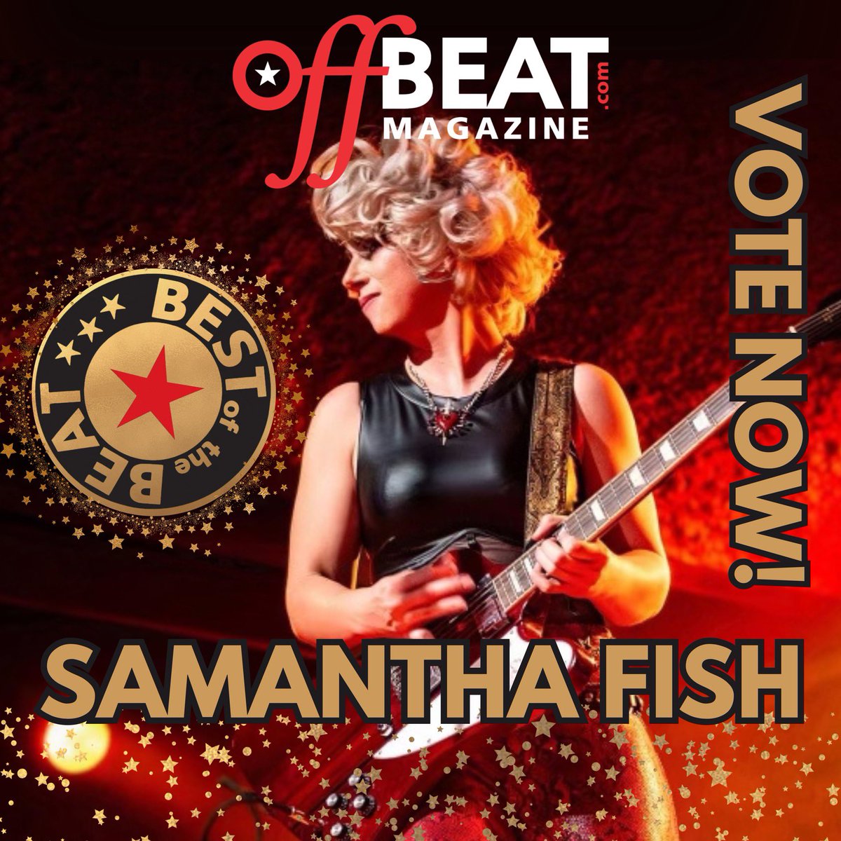 🤯 Samantha Fish has SIX nominations! Please vote now! 🗳️ lp.constantcontactpages.com/sv/CZOFLNZ/Bes… Fish Army, let your voices be heard… The nominees for 2023 @OffBeatMagazine’s “Best Of The Beat Music Awards” are ready for your vote! Last day to vote is Tues, Jan 16, 2024, 6pm CT —Team Fish