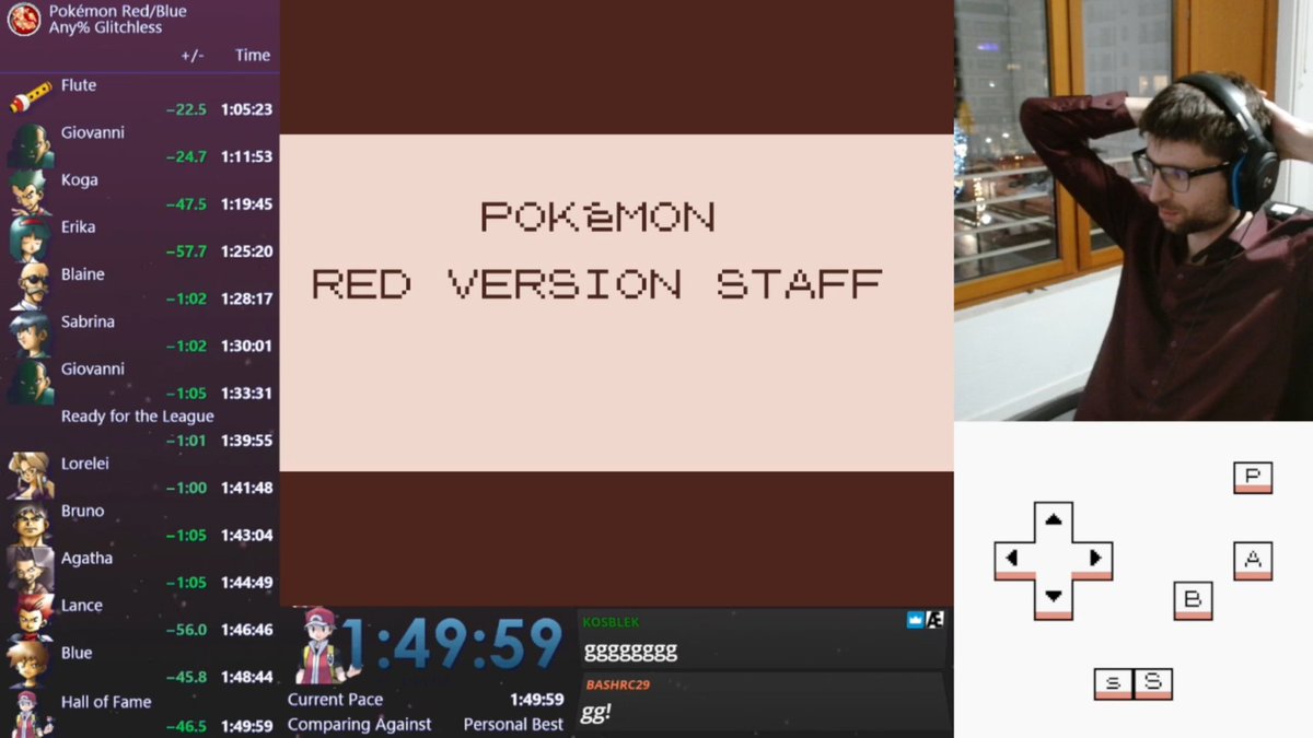 Back to back PB :
Pokémon Red Any% Glitchless → 1:49:59⏱️

Peut-être l'une des runs à la RNG la plus favorable qu'il m'est été donné de jouer. Une quantité absurde de crits.

Sub 1:50 club, here I am !