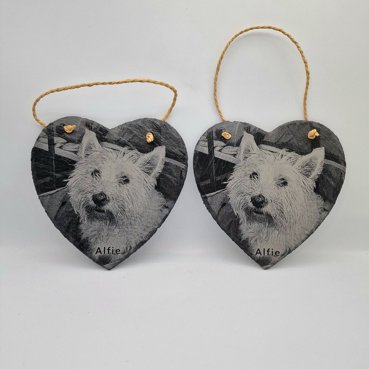 2 Personalised Laser Engraved Medium Heart Shaped Slates 🐕 ❤️ 

Two of the same photograph, but the photos react slightly differently when engraved into the different pieces of slate, making them truly one of a kind.

These make beautiful rustic pieces 😍 

#slate #engraving