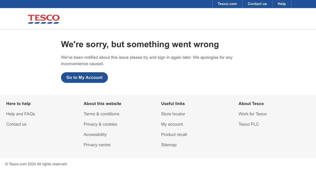 gem_gem1's tweet photo. @Tesco what’s happening with the online shopping this evening? Won’t log in or call up order or place new order?? Has been like this since at least 5pm today. Please investigate. https://t.co/c4G8Hm6Gmu