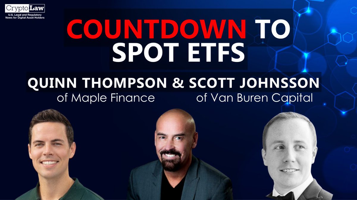 LIVE JANUARY 9, 2023 on #CryptoLawTV: Watch returning guest @qthomp and new guest @SGJohnsson discuss the Countdown to Spot ETFs with @JohnEDeaton1 . WATCH LIVE at 3PM ET/8PM UTC on #CryptoLawTV