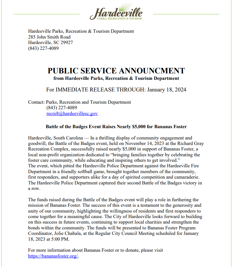 There is big news to celebrate! The Battle of the Badges event successfully raised nearly $5,000 for Bananas Foster, a local non-profit devoted to honoring the foster care community. Huge thanks to everyone who joined and supported this incredible cause.

hardeevillesc.gov/DocumentCenter…