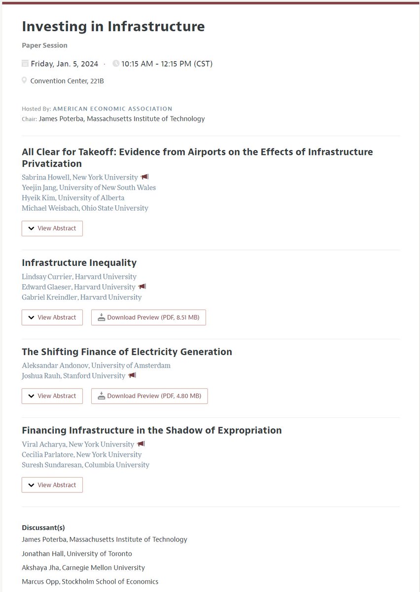 Now while I have your attention, here's a great #ASSA2024 #AEA2024 session: Investing in Infrastructure, tmw (Fri Jan 5). It's got evidence, effects, inequality, finance... and most of all Infrastructure. Hope to see you there. 3/3
