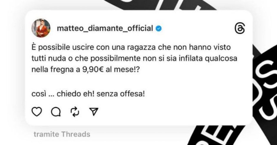 @matteodiamante i mezzi uomini come te fanno davvero schifo e naturalmente io mi dissocio da questo genere di uomo

Sei veramente lurido #fiorde #donnalisi #oriele #drojette #orianistas