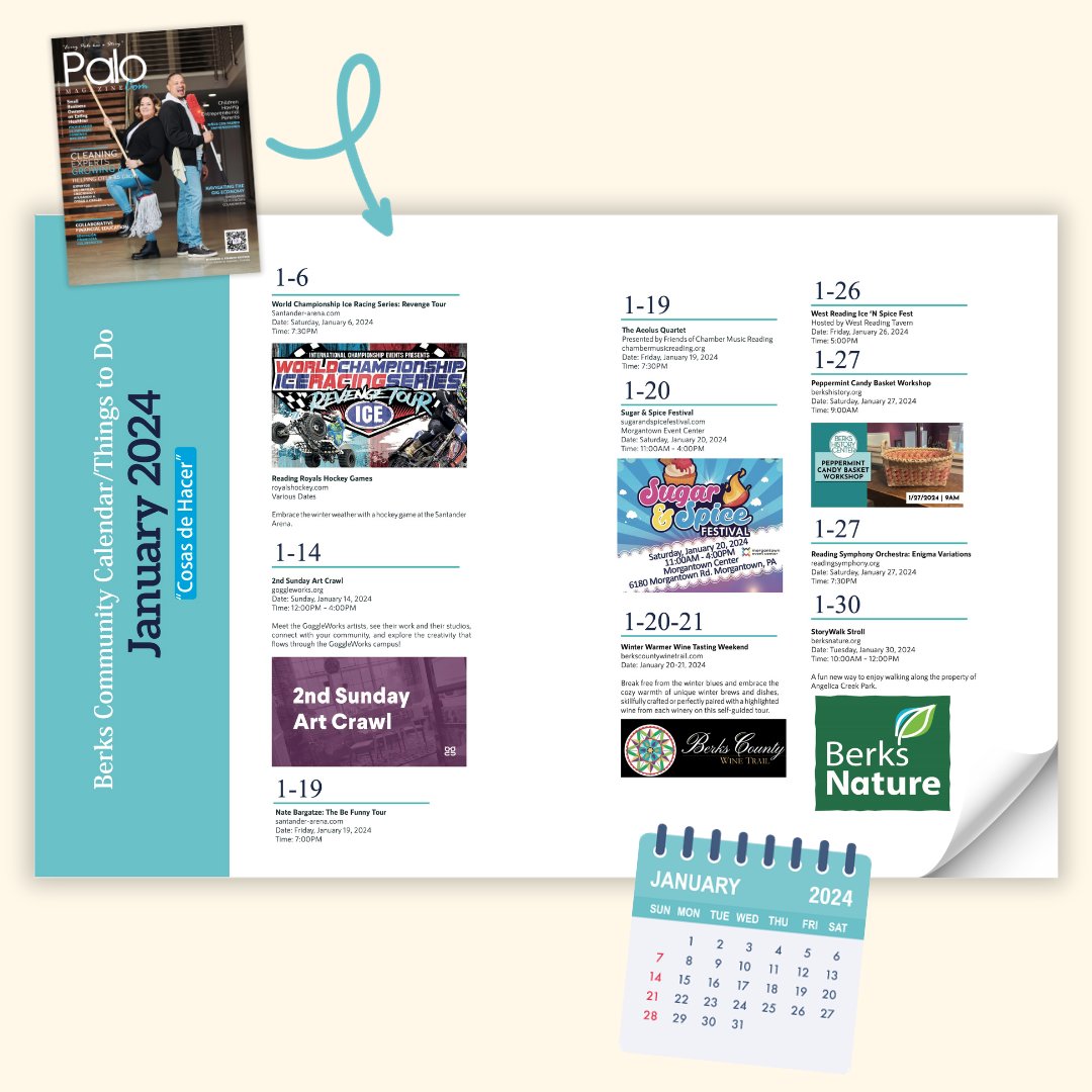 ElPaloMagazine's tweet photo. Find unique events and activities happening throughout #BerksCounty in every edition of Palo Magazine. #thingstodo  

Encuentre eventos y actividades únicos en todo el condado de Berks en cada edición de Palo Magazine #EventosLocales  

📅 https://t.co/MmylEeboSk https://t.co/f9zT5tsZ7l
