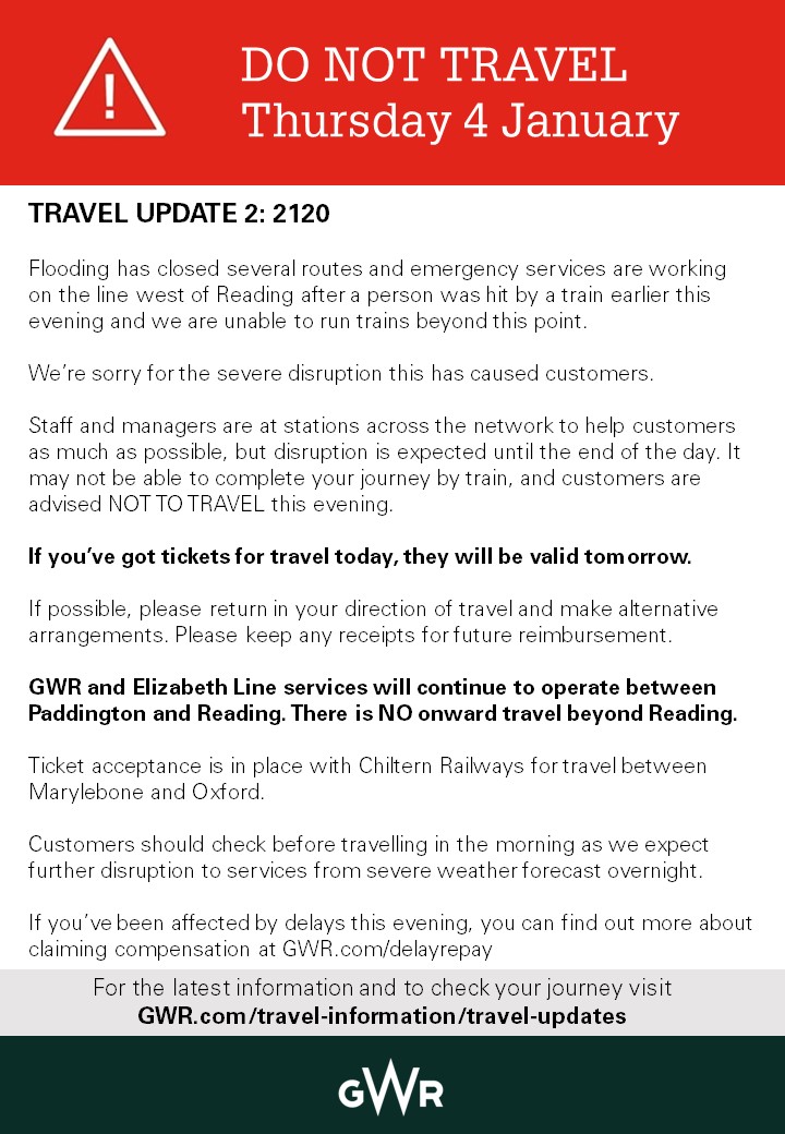 ⚠ TRAVEL UPDATE 2: 2120 ⚠ Flooding has closed several routes and emergency services are working on the line west of Reading after a person was hit by a train earlier this evening and we are unable to run trains beyond this point. We’re sorry for the severe disruption this…