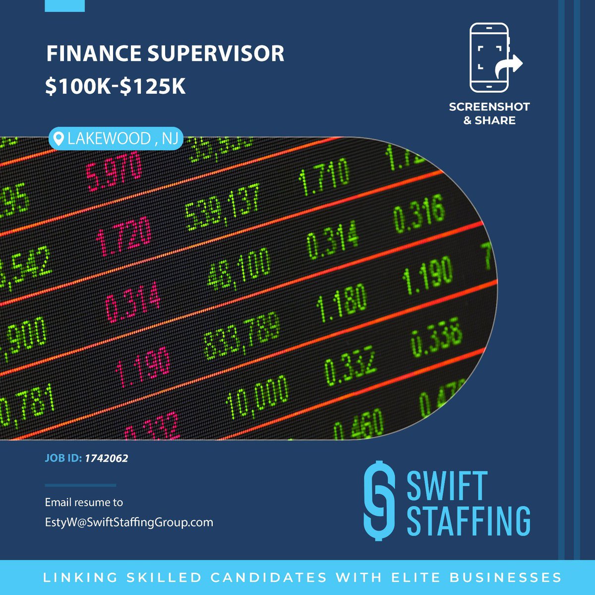 swiftstaffing_'s tweet image. Join our team as a Finance Supervisor in Lakewood, with a competitive salary ranging from $100,000 to $125,000
*To apply or for additional information, please send your resume to EstyW@SwiftStaffingGroup.com

shorturl.at/dxMUY