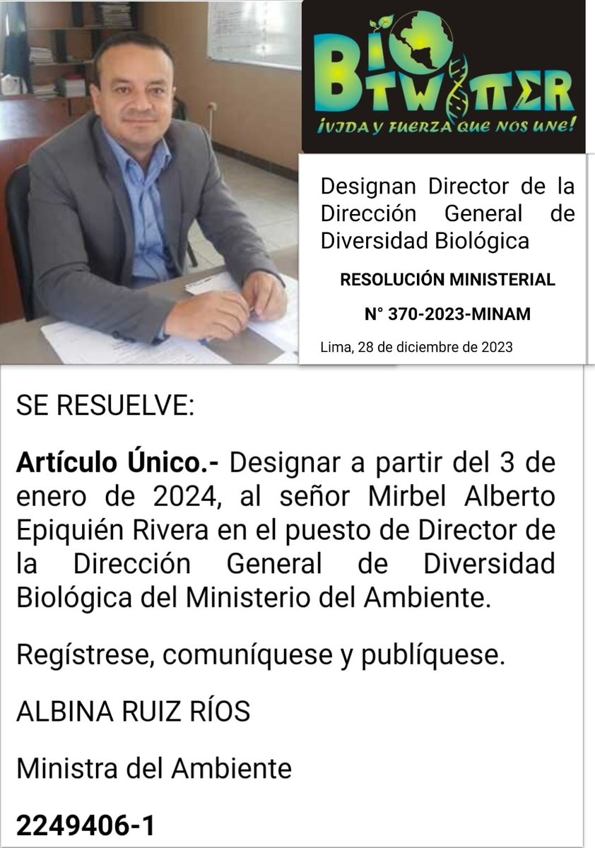 LuisBrcena3's tweet image. Los #Biólogos del Perú Felicitamos a nuestro colega Blgo. Mirbel Epiquién Rivera por su designación como DIRECTOR de la Dirección General de Diversidad Biológica  del @MinamPeru Deseándole éxitos en su Gestión #2024
#BiólogosEspecialistas
@SuneduPeru
@SerforPeru
@SERNANP
@ANAPeru