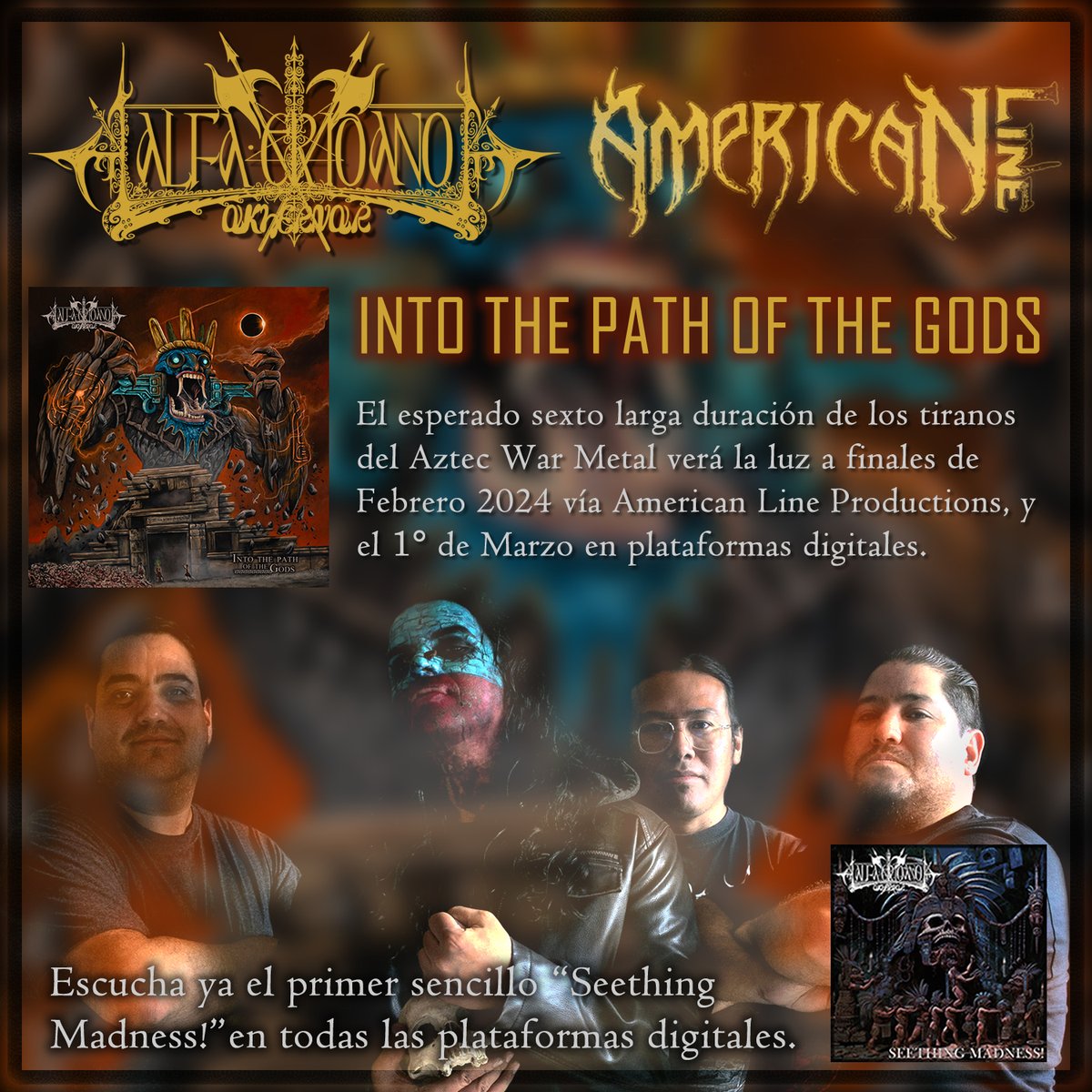 AlfaEridanoA's tweet photo. En la última semana de Febrero 2024, nuestro quinto disco de estudio titulado "Into the Path of the Gods", será lanzado en CD y Tape por #AmericanLine. Así mismo, el 1° de Marzo estará disponible en todos los sitios de streaming.
↓ESCUCHA EL PRIMER SENCILLO EN LOS COMENTARIOS↓ https://t.co/4B9LEumUKt