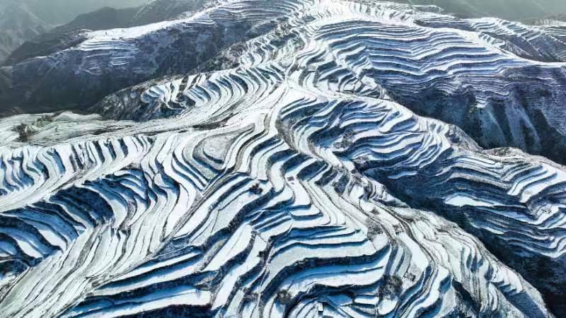 ExploreGansu's tweet photo. ❄️🌿❄️Vast areas of terraced fields in Wushan county of #Tianshui in #Gansu province were graced by a sea of white snowflakes and misty fog as the region took on the air of an ink wash painting. #SnowscapeSplendor #GansuGlance #AmazingGansu https://t.co/s2SHepqfjo