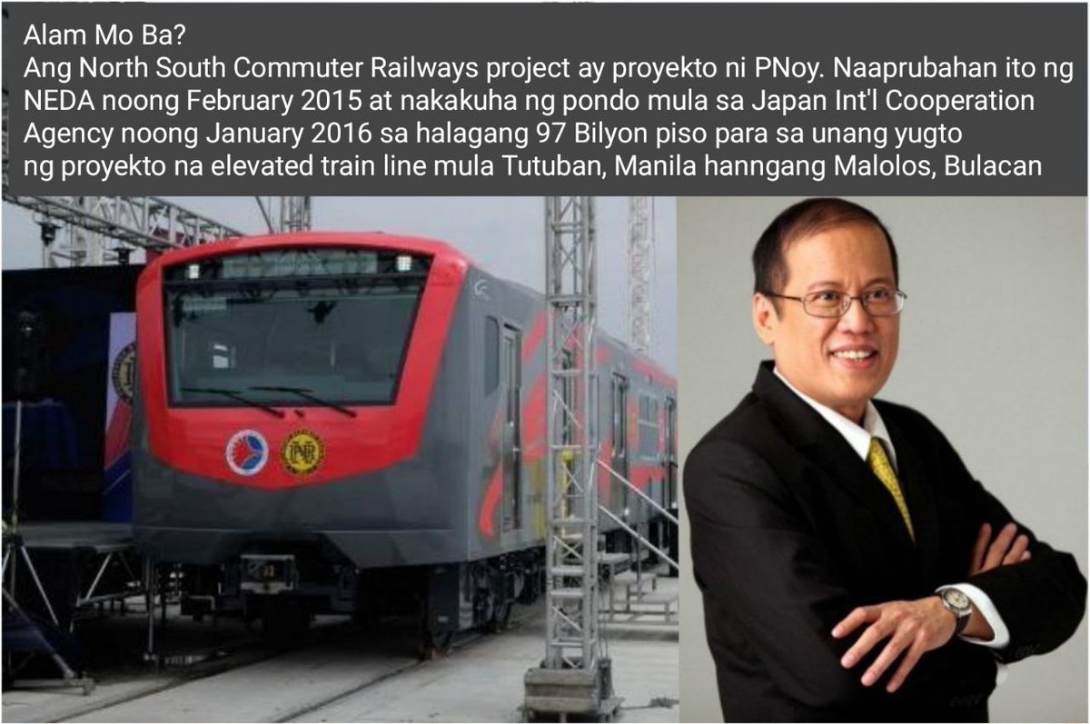 Did You Know?
The PNR's North-South Commuter Railway project (Clark to Sorsogon) is a PNoy project. Approved by NEDA in Feb 2015, it got an initial 97B pesos funding from JICA in Jan 2016 for the 1st phase of the project for a train line from Tutuban, Manila to Malolos, Bulacan