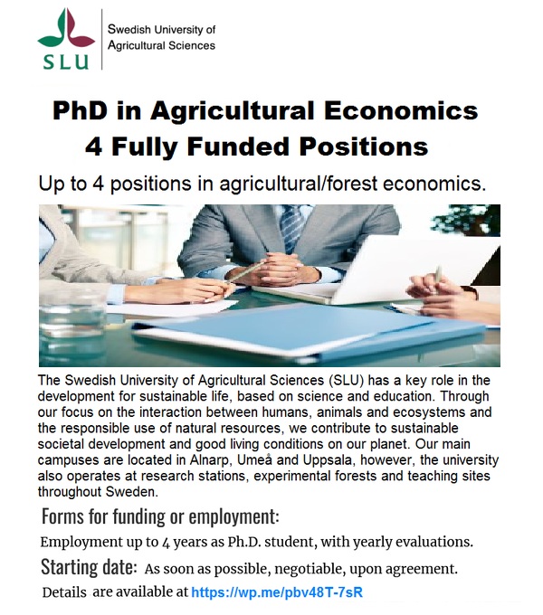 agristok's tweet photo. 📌 4 PhD Positions Fully Funded in Agriculture/ Forest Economics at The Swedish University of Agricultural Sciences in Sweden 🇸🇪... Please share and spread the word! For details visit: https://t.co/ncw2qRDvNC
