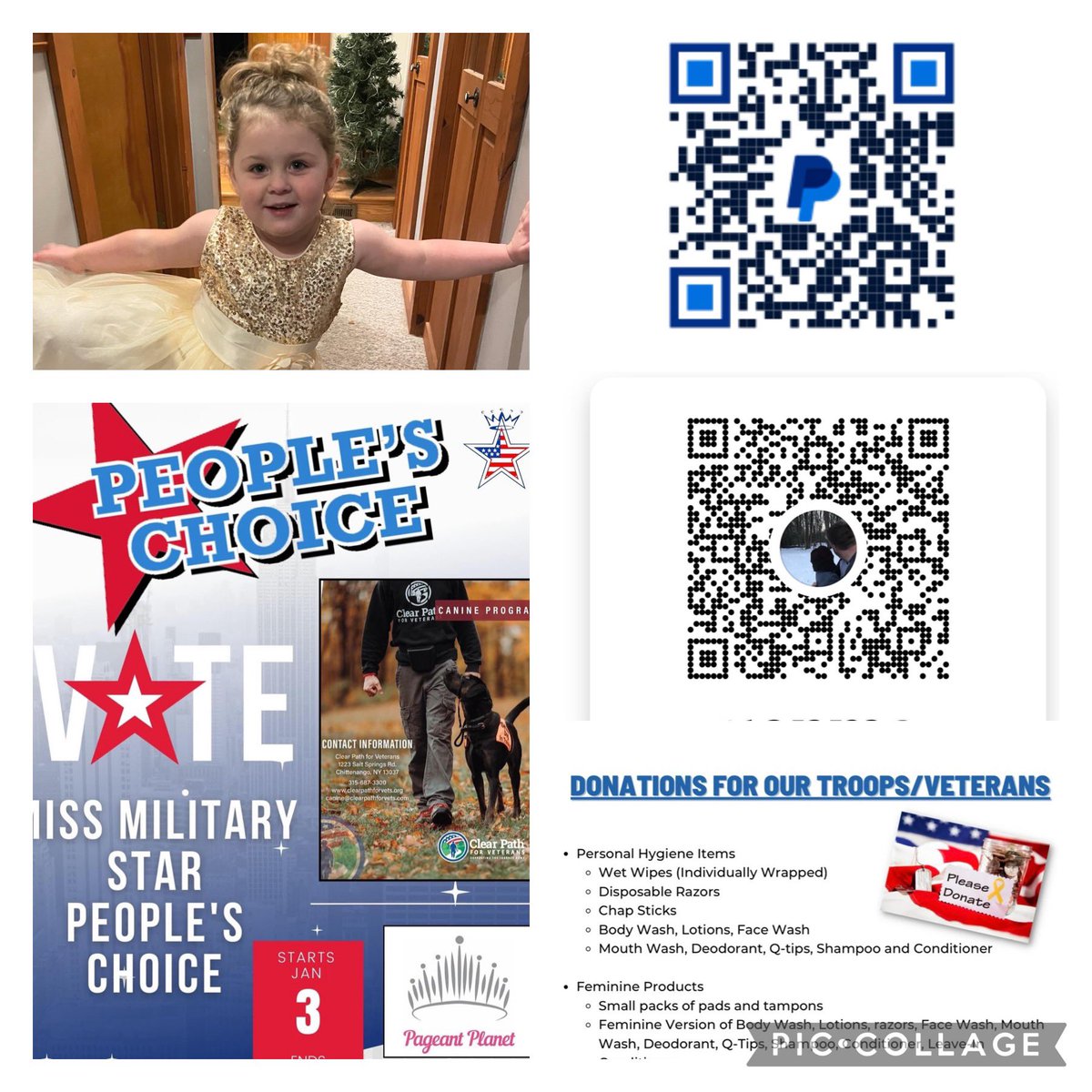MWBristol's tweet photo. Maddie is in Miss Military Star, Mini Miss this month! Please consider one of the two ways to support her- as 100% of your donation goes to military veterans and their families! See photos for info! Please share broadly. @clearpath4vets @DoleFoundation #hiddenhelpers @NAMINEWYORK https://t.co/CRE1yMEXYa