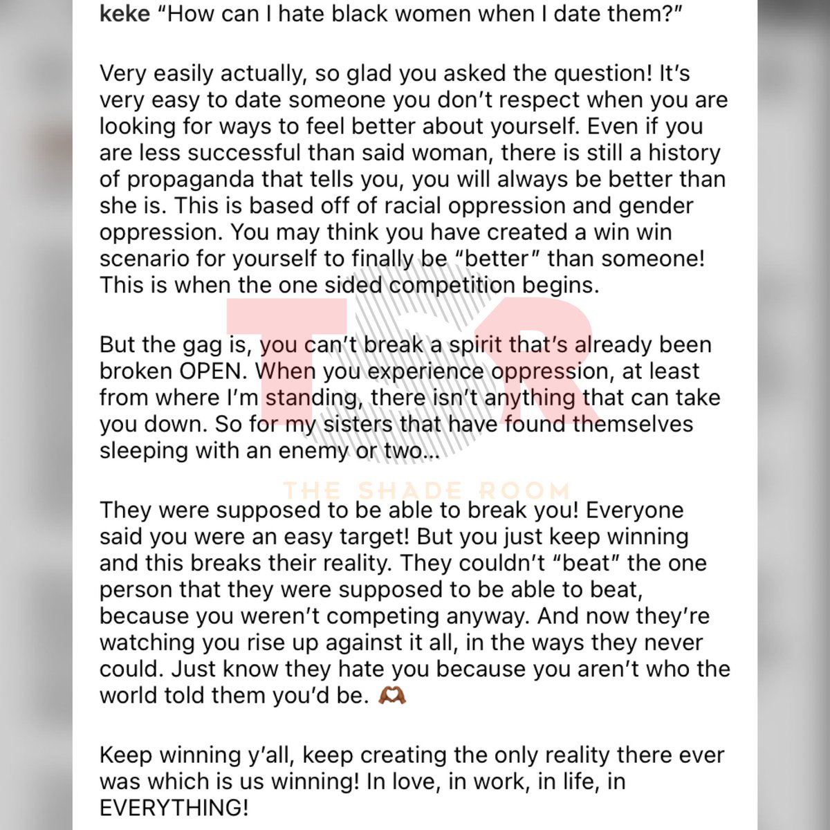 TheShadeRoom's tweet photo. Keke Palmer explains how a person can hate Black women but still date them. #Roomies, do you agree? https://t.co/TxGigcgw6D