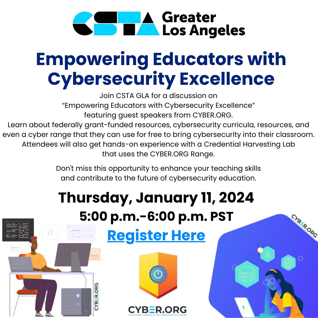 🌟 Kickstart the New Year with knowledge! Join CSTA GLA for a captivating discussion on 'Empowering Educators with Cybersecurity Excellence.' Don't miss out—sign up now! greaterlosangeles.csteachers.org/Events/empower…
@csteachersorg @CSEdWeek #CS4LAUSD @codeorg @CSWEEK #DigCitLA @CSforALL #CommonSense