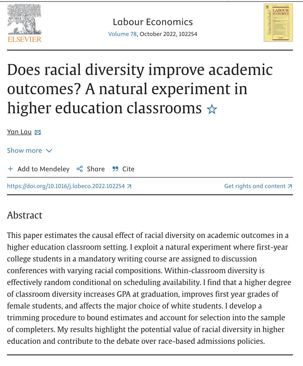 Does racial diversity in colleges courses improve academic outcomes? Yup. sciencedirect.com/science/articl…