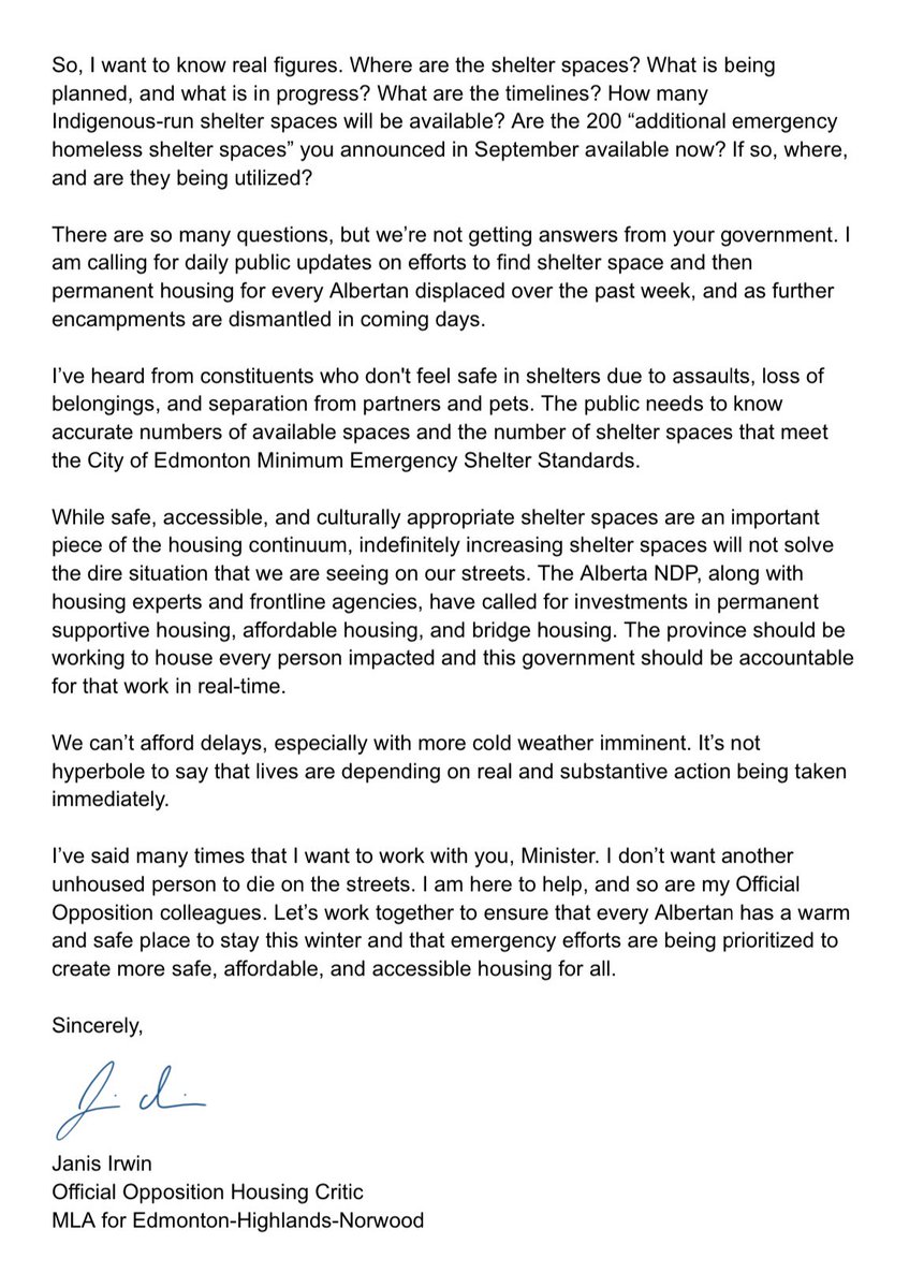 Minister <a href="/JasonNixonAB/">Jason Nixon</a>,

I’ve said many times that I want to work with you. I don’t want another unhoused person to die on our streets. I’m urging you to take immediate action to support people being displaced in encampment sweeps.

I’ve emailed you as well.

I await your reply.