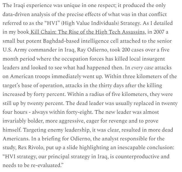 The great @andrewmcockburn digs up the only solid study on whether killing insurgent leaders works: