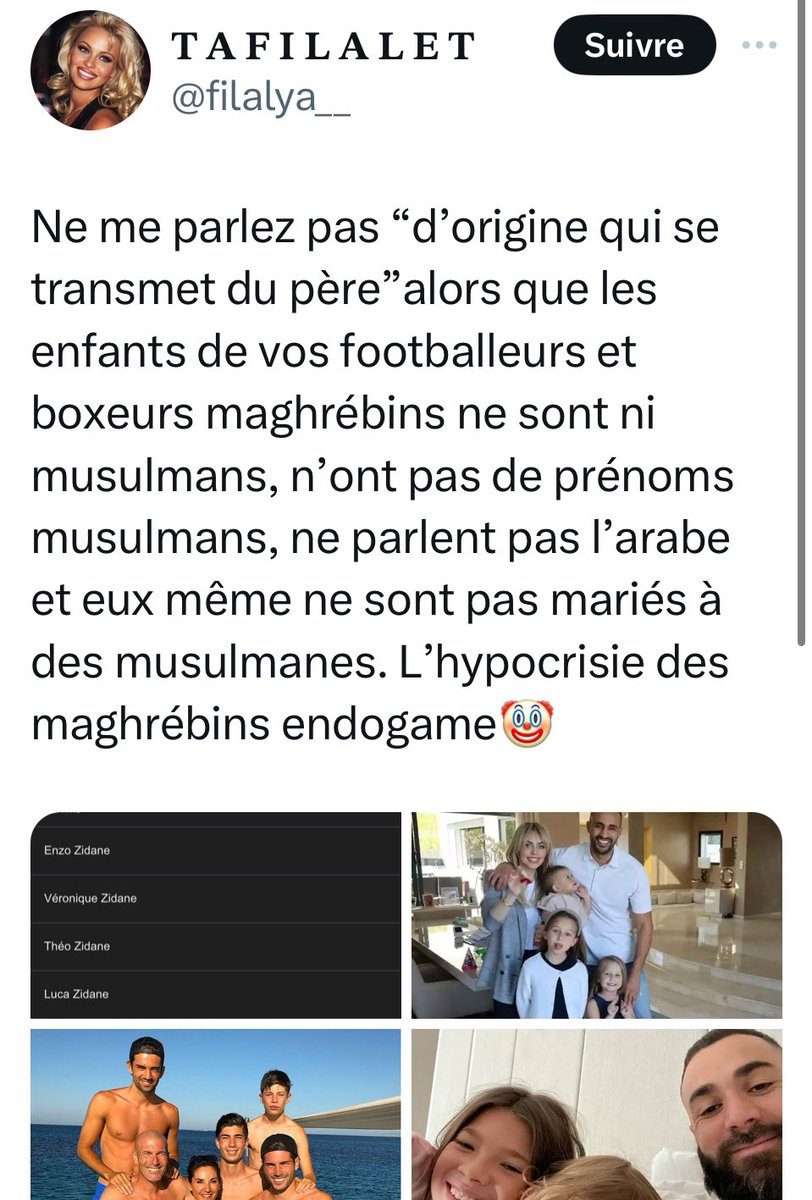 Padrid321819's tweet photo. @filalya__ et ptite chiennemaro d’merde sache que benzema et zidane sont kabyles leurs enfants peuvent dire qu’ils le sont aussi ça choque personne meme ceux a badr hari si ils se disent marocains, contrairement ton idole majda 🤣🤣 https://t.co/t1midrENab