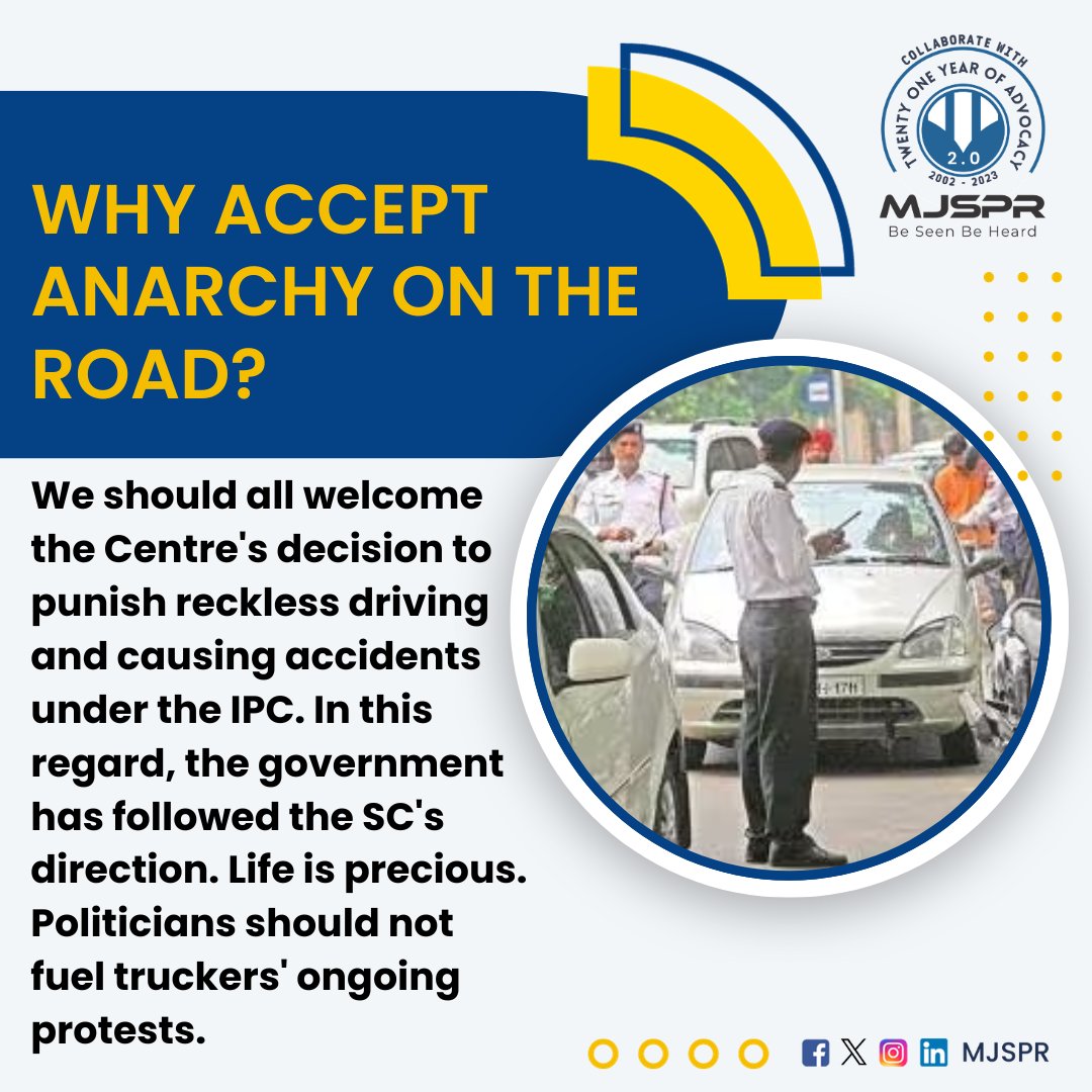 Why accept anarchy on the road?

#RoadSafety #RecklessDriving #AccidentPrevention #IPC #SupremeCourt #LifeIsPrecious #GovernmentPolicy #TruckersProtest #SafetyFirst #TrafficLaws #PoliticalResponsibility
