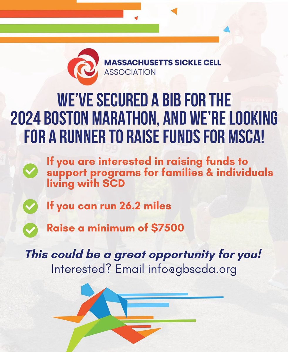 The incredible @MSCAssoc has acquired a bib for the #BostonMarathon and are in need of someone who can run to raise awareness and funds for our #SCDWarriors! I get winded walking to the fridge but I’ll be there on the sidelines to cheer on our runner!